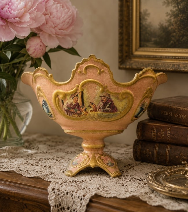 Large Ornate Centerpiece Console Bowl Footed: Date/Period: unknown Dimension: Approx.: 10" wide x 15" long x 10" tall Material: ceramic Additional Information: Large Ornate Centerpiece Console Bowl Footed featuring a beautiful family scene