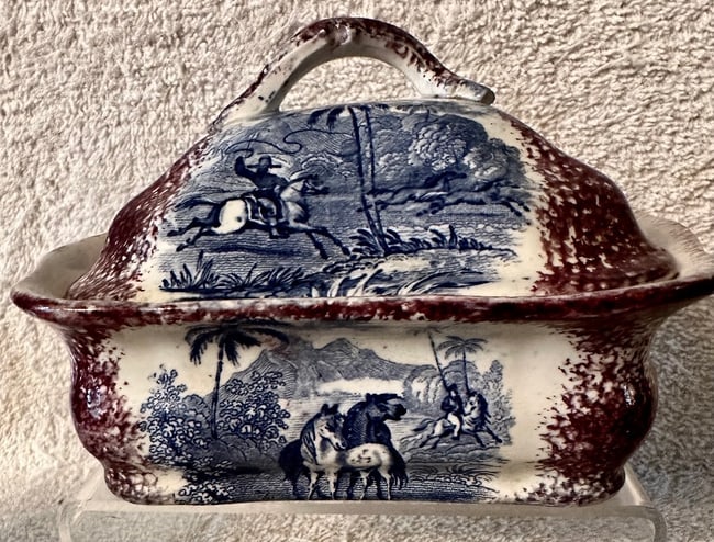 2-Color Staffordshire Box: Peruvian Horse Hunt: This 2 color (purple & blue) Staffordshire covered box includes 4 separate scenes from the Peruvian (Horse) Hunt Pattern by Anthony Shaw, c. 1850. All the views involve chasing wild (I presume)