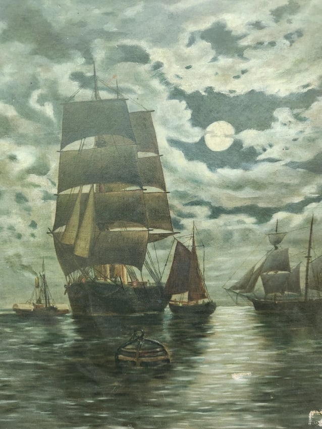 Sailing Ship Oil painting on Canvas 1890 Sailing In The Moonlight Gorgeous: Great looking piece in good condition. Great lighting. Nice detail . NOT SIGNED Measures 24 x 30" overall . CAN SHIP ALOT CHEAPER without frame. Shipping charges include insurance. Shipping: