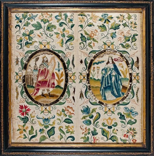 ROYAL COUPLE 17TH CENTURY NEEDLEWORK: Needlework panels depicting a King playing a lute and a Queen holding a fan. These panels were probably intended to embellish a mirror or chest but were never separated and used, which accounts for