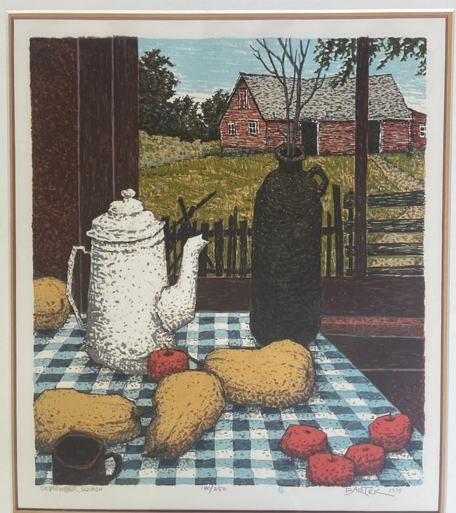 TOM BARTEK SERIGRAPH SUMMER SQUASH 1975: Date/Period: 1975 Dimension: Approx 21.5 x 19.5 Material: MIXED MATERIALS Additional Information: TITLED SUMMER SQUASH SIGNED AND NUMBERED 180/250 Shipping: Domestic: Flat-rate of $30.00 to anywhere