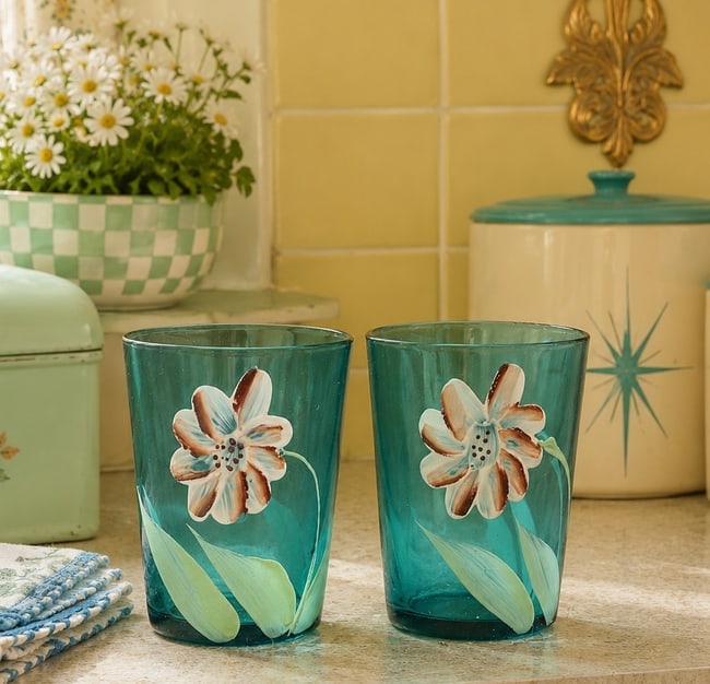 Antique Hand Painted Victorian Blue Glass Tumblers: Date/Period: unknown Dimension: Approx. 4" x 3" Material: glass Additional Information: Antique Hand Painted Victorian Blue Glass Tumblers marked with an E on the bottom. Shipping: Domestic: