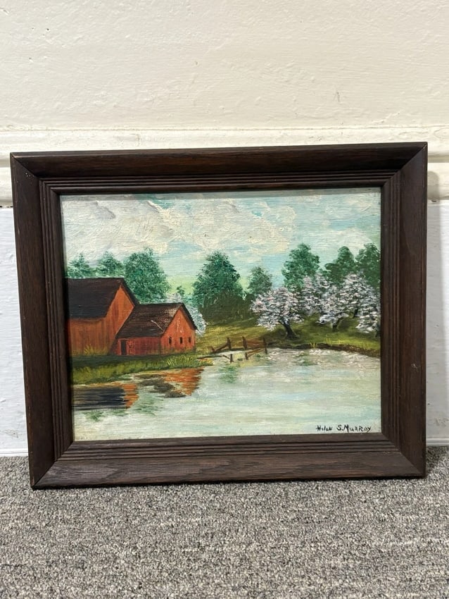 Helen Murray Walpole Nh Landscape Oil On Board Painting: The frame measures 12" x 10" and the board measures 10" x 8". It was painted by helen murray and the scene is from walpole nh. It is in good condition and is being sold as is Shipping: Domestic:
