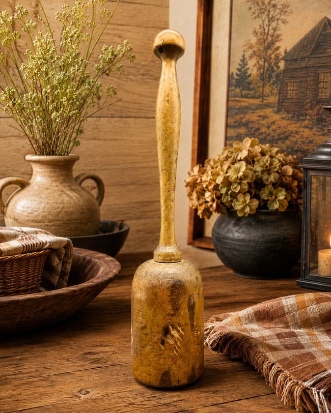 Antique Wooden Masher Great Patina: Date/Period: unknown Dimension: Approx. 11" tall Material: WOOD, METAL Additional Information: Antique Wooden Masher Great Patina Shipping: Domestic: Flat-rate of $9.00 to anywhere within the