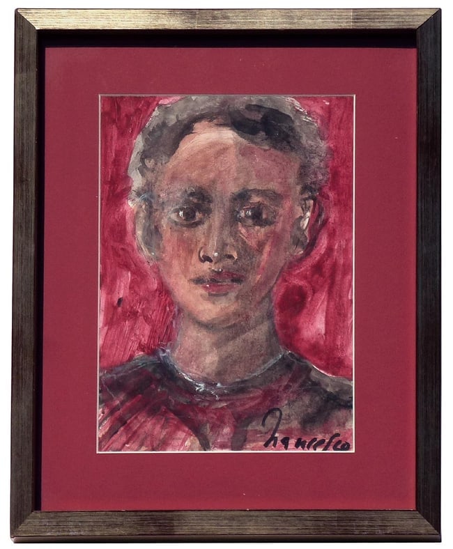 An expressive portrait of a young boy: This is an expressive portrait. It appears to be painted in tempera. We can't make out the signature. It has been professionally framed with UV protective plexiglass. The frame measures 13" wide by