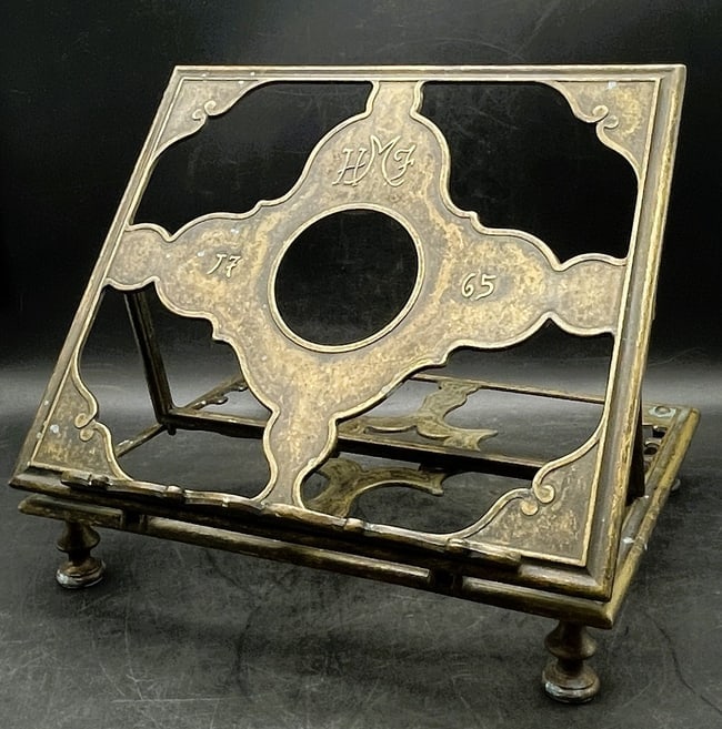 Early 20th Century French Adjustable Bronze Table Book Stand or Music Holder: Date/Period: approx early 1900's Dimension: Approx. 9.75" in highest position, 3/5" in lowest position, 11.5" wide, 10" deep Material: bronze Additional Information: Display your Bible, music score