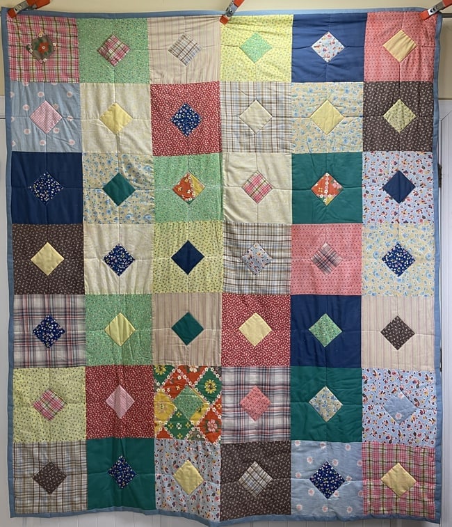 Patchwork Quilt Handstiched 78 x 67: Date/Period: unknown Dimension: Approx. 78 x 67" Material: fabric Additional Information: Patchwork Quilt Handstiched 78 x 68 Shipping: Domestic: Flat-rate of $20.00 to anywhere within the contiguous