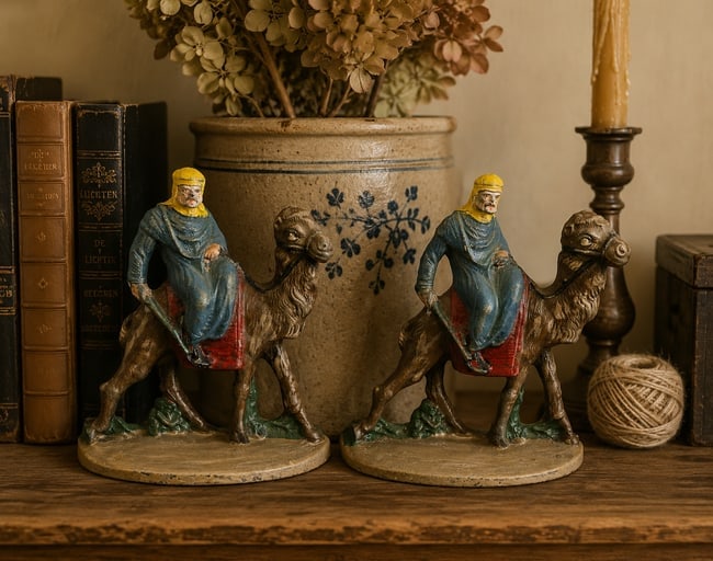 Antique CAST IRON ARABIAN MAN RIDING CAMEL BOOKENDS #418 Hubley Bedouin: Date/Period: approx 1920-30's's Dimension: approx 6 x 5 x 2.25 Material: metal Additional Information: CAST IRON ARABIAN MAN RIDING CAMEL BOOKENDS #418 Hubley Shipping: Domestic: Flat-rate of $16.00 t