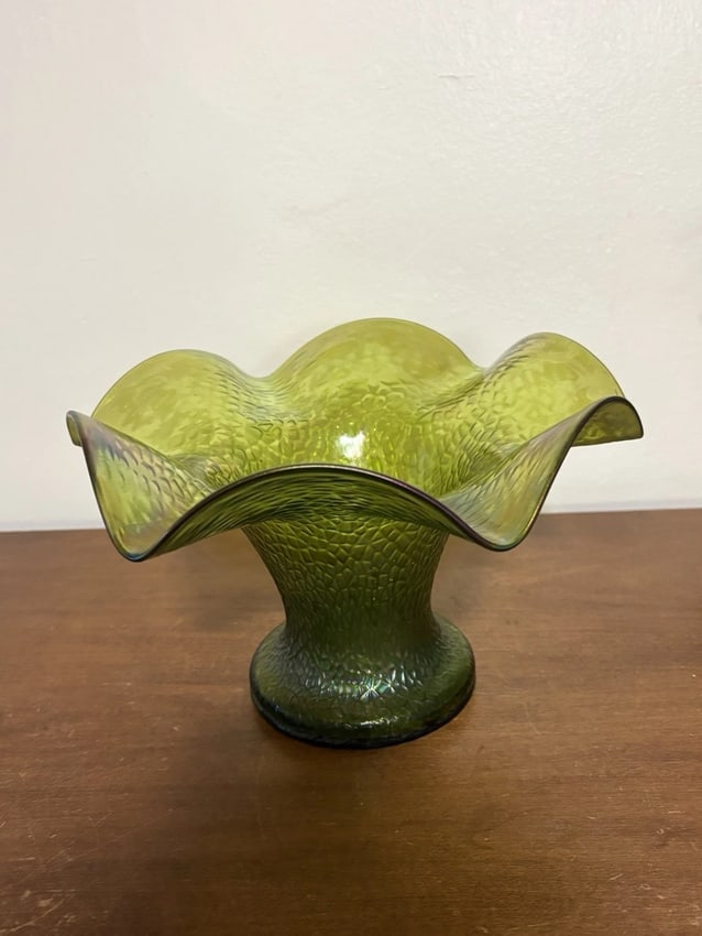Bohemian Glass Green Vase: It measures 6" x 8 3/4" and dates around 1900. It has no chips, cracks or repairs. It is definitely bohemian glass and is probably loetz Shipping: Domestic: Flat-rate of $15.00 to anywhere within the 