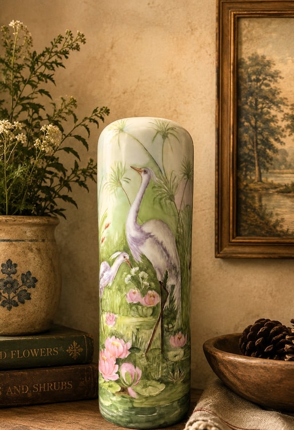 Antique Cylindrical Vase with Cranes Marked Vienna Austria 14.5" tall: Date/Period: circa approx. 1891-1914 Dimension: Approx. 14.5" tall x 4.75" d Material: ceramic Additional Information: Antique Cylindrical Vase with Cranes Marked Vienna Austria Shipping: Domestic: