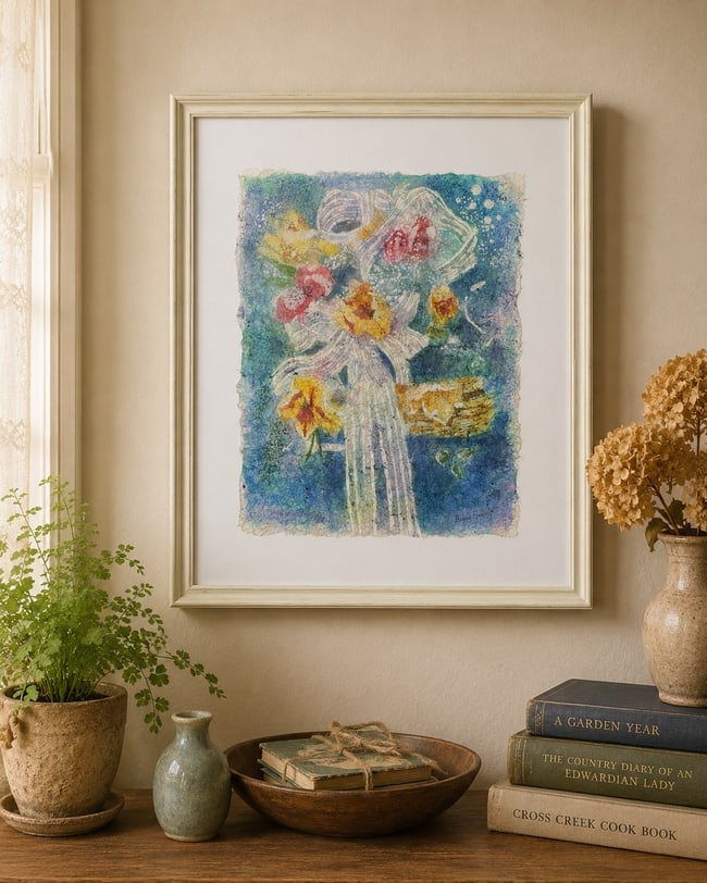 Beautiful Framed Watercolor Floral on handmade linen paper Signed Framed: Date/Period: unknown Dimension: Framed Size approx. 17.5 x 19.5" Material: I bielive this is handmade linen paper with a watercolor paint Additional Information: Beautiful Framed Watercolor Floral on