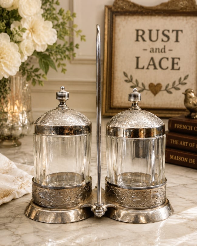 Victorian Silver Plated Double Pickle Castor Ivy, Birds (1 of 8)