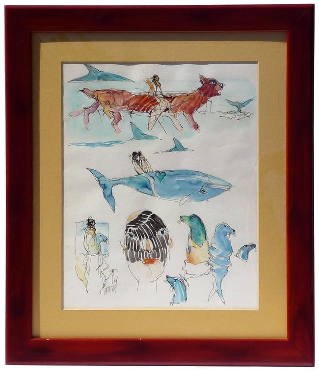 A folk art drawing of people with sea animals: This is a drawing in ink and watercolor, with a series of images of people with sea animals. There are whales, seals, and a large beast that looks like a combination of a lion and a seal (a sea lion?)