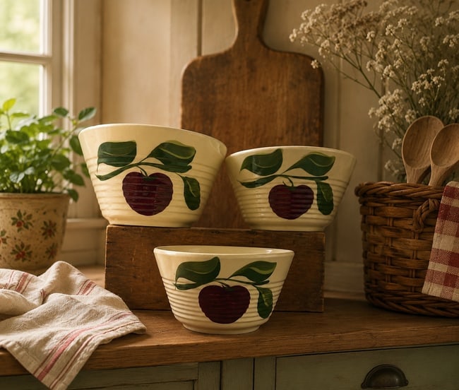 Watt Pottery 3-leaf Apple Design 3 Bowl Nesting Mixing Bowl Set Ribbed (1 of 8)