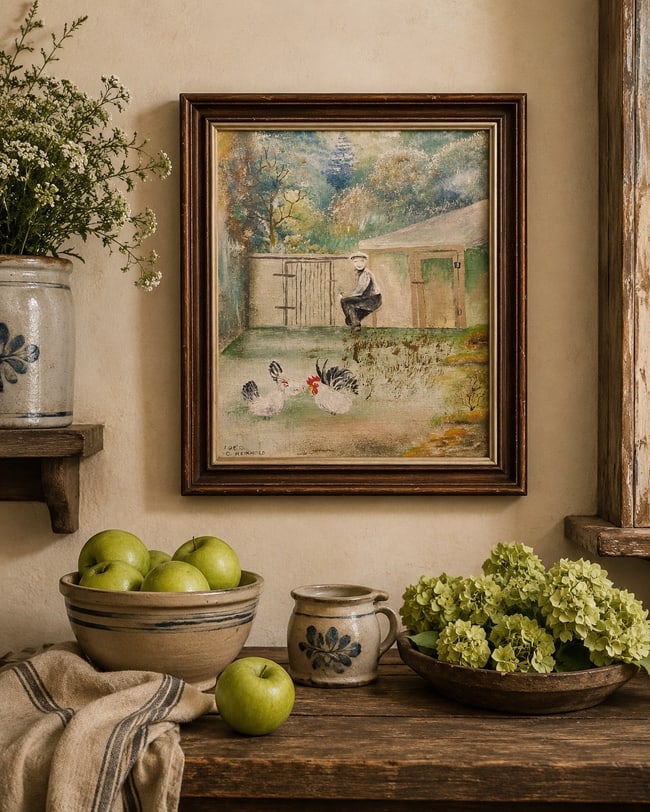 1962 PA FOLK ART Farm Scene w Chickens PAINTING C. REINHOLD Oil Painting Framed: Date/Period: 1962 Dimension: Approx 13 x 10 Material: oil on board, wood frame Additional Information: PA FOLK ART PAINTING C. REINHOLD WOOD FRAME Shipping: Domestic: Flat-rate of $18.00 to anywhere w