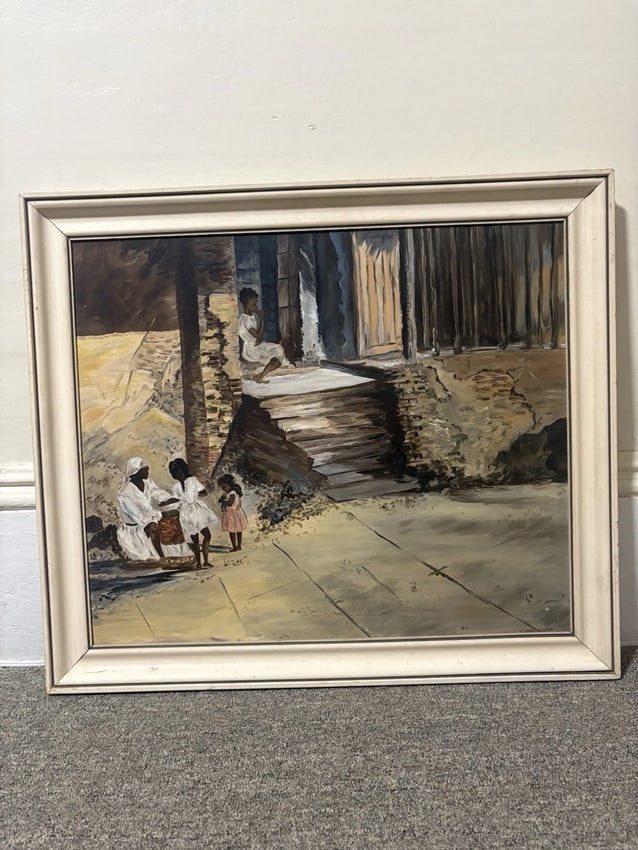 1960's Eileen House Black Americana Oil On Board Painting: The frame measures 27 1/4" x 23 5/8" and the board measures 23 1/2" x 19 3/4". It is artist signed eileen house. I believe it dates around 1960. Shipping: Domestic: Flat-rate of $50.00 to anywhere