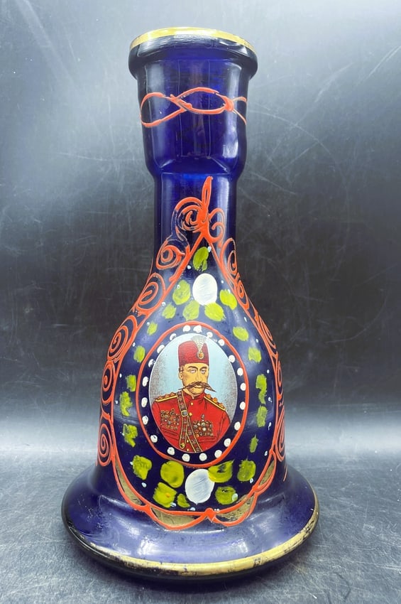 Persian Qajar Cobalt Blue Pipe Hookah Nargileh Shisha Base Glass Vase Naser Shah: Date/Period: unknown Dimension: Approx. 10.5" x 6" Material: glass Additional Information: A beautiful vintage hand crafted glass hookah base with 2 applique medallions of Nasser Al Din Shah