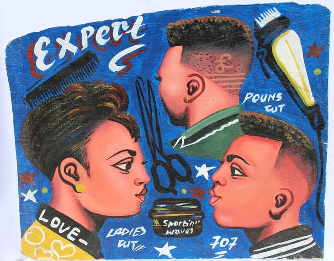 African Hair sign from Ghana: Expert: This is a real, actually used African Hair sign from Ghana: Expert with images of 2 men and 1 woman, and the names of the styles. This is old and weathered with outdoor use. There is some normal loss