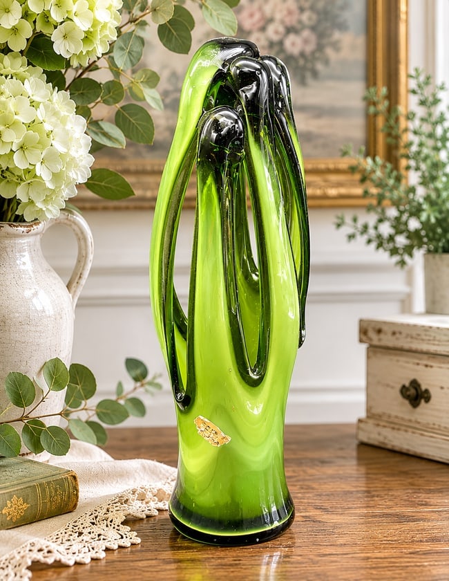 Vintage MAEXSA Hand Blown Green Art Glass Pulled Basket Vase: Date/Period: unknown Dimension: Approx. 14" tall x 4" Material: glass Additional Information: Vintage MAEXSA Hand Blown Green Art Glass Pulled Basket Vase Shipping: Domestic: Flat-rate of $16.00 to