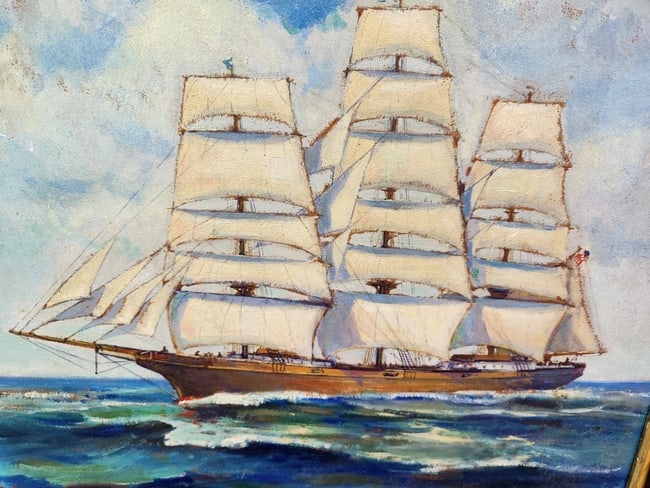 Sailing Ship TRADE WINDS Oil painting on Board 1930 AW HALOWELL: Great looking piece in excellent condition. Great colors. Nice detail .Can't make out last name. Measures 20 x 24" plus frame. . Shipping charges include insurance. Shipping: Domestic: Flat-rate of