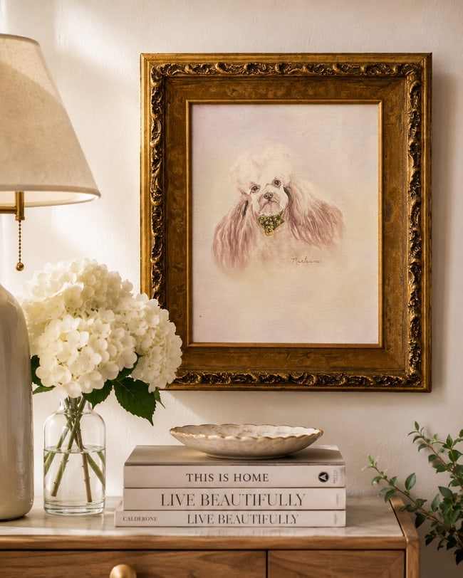 Vintage Poodle Oil On Canvas Portrait Original Signed Flocked Frame: Date/Period: unknown Dimension: Framed size 20 x 17" Material: oil on canvas Additional Information: Vintage Poodle Oil On Canvas Portrait Original Signed Flocked Frame Shipping: Domestic: Flat-rate o