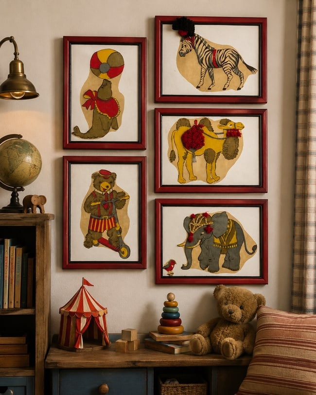 Vintage Framed Felt Circus Animals with Yarn Accents Adorable! (1 of 8)