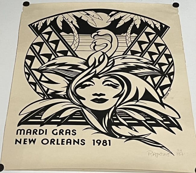 Hand Signed / Dated Rapoza Mardi Gras Poster 1981: Date/Period: 1981 Dimension: Approx 24 x 18 Material: paper Additional Information: Hand Signed / Dated Rapoza Mardi Gras Poster 1982 Shipping: Domestic: Flat-rate of $13.00 to anywhere within the