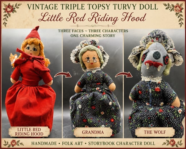 Vintage Triple Topsy Turvy Doll Red Riding Hood Grandma Wolf Folk Art: Date/Period: approx. 1950-70's Dimension: --- Material: cloth Additional Information: Charming handmade folk-art storytelling doll featuring Little Red Riding Hood, Grandma, and the hidden Wolf