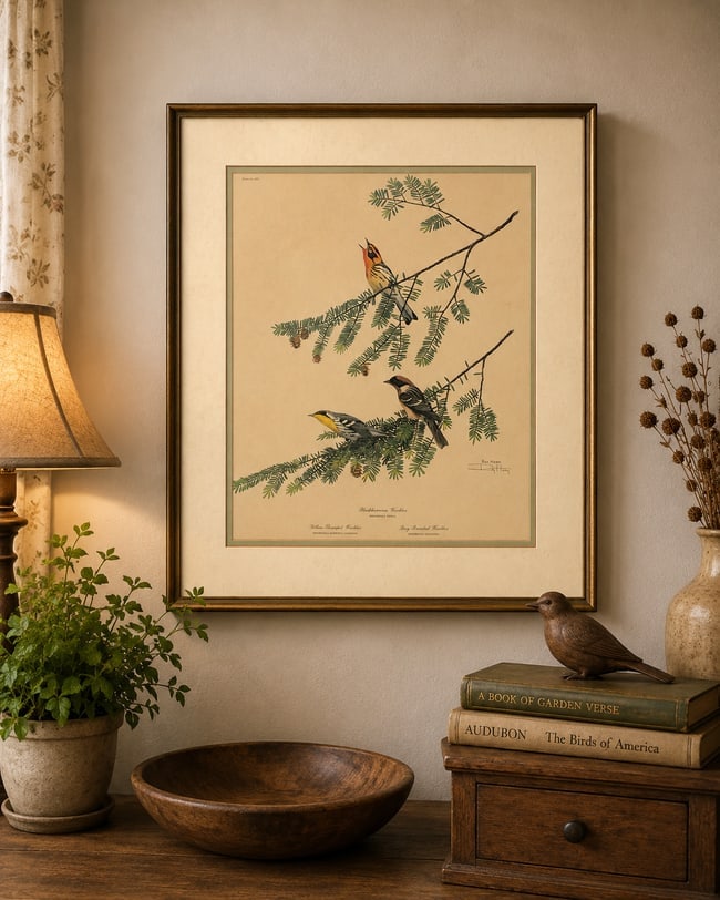RAY HARM YELLOW THROAT WARBLER,BAY BREASTED & BLACKBURNIAN WARBLER SIGNED FRAMED: Date/Period: unknown Dimension: Framed size 21.75 x 22" Material: mixed materials Additional Information: large beautiful framed print by Ray Harm. It shows YELLOW-THROATED WARBLER, BLACKBURNIAN