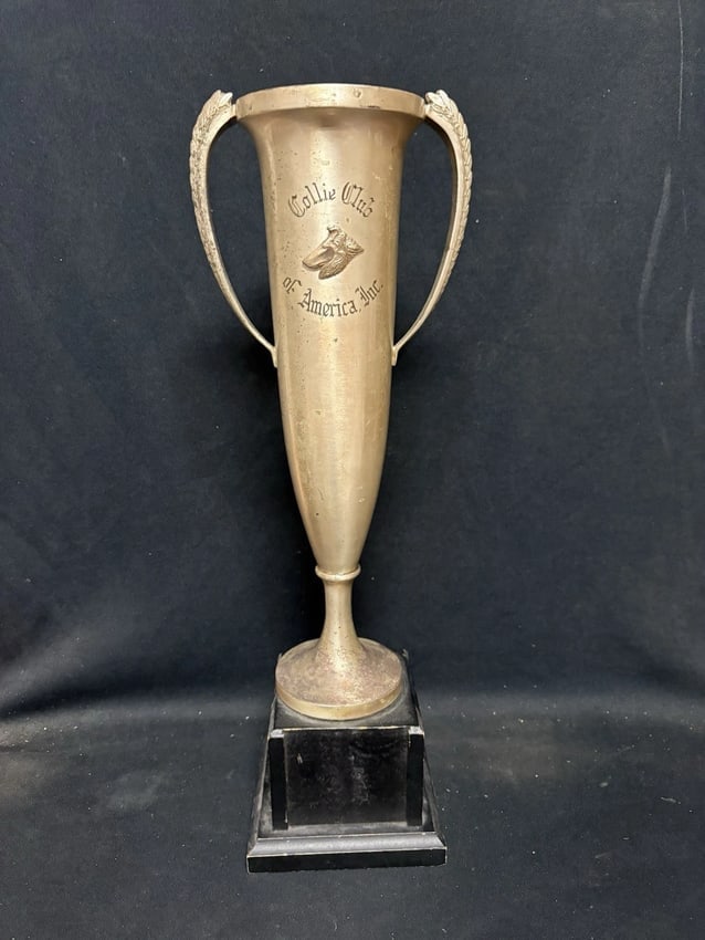 Collie Club Of America Loving Cup Trophy: It measures 19 7/8" high x 6 1/2" and i believe it dates around the 1930's. It has wear as shown in the photos Shipping: Domestic: Flat-rate of $15.00 to anywhere within the contiguous U.S.