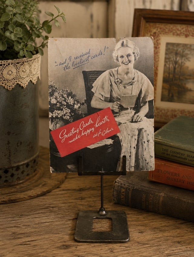 Gibson's Greeting Cards Display: Date/Period: 1940's-1950's Dimension: Overall 20" tall x 11", cardboard sign 14" x 11", Metal stand 8" tall x 6" x 5" Material: cardboard and metal stand Additional Information: Advertising counter