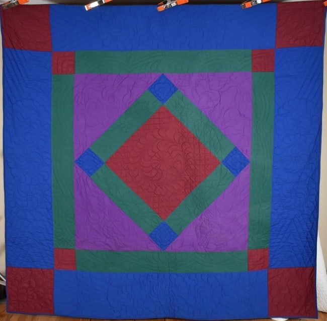 Vintage Lancaster County Amish Diamond Quilt: Title: Vintage Lancaster County Amish Diamond Quilt Date: 1960's Origin: Pennsylvania Material: Cotton Synthetic Blend This OUTSTANDING cotton / synthetic blend Lancaster County, Pennsylvania Amish di