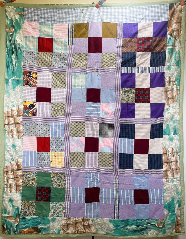 Vintage Patchwork Quilt Checkerboard Design, Sailing Ships Border 82" x 65" (1 of 8)