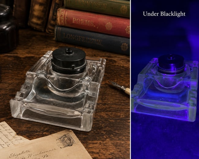 Sengbusch Self -Closing Inkwell & Pen Rest W/Bakelite Lid UV Glow: Date/Period: approx. early 20th century Dimension: Approx. 5" x 4" Material: mixed materials Additional Information: Sengbusch Self -Closing Inkwell & Pen Rest W/Bakelite Lid inkwell no.56 with its