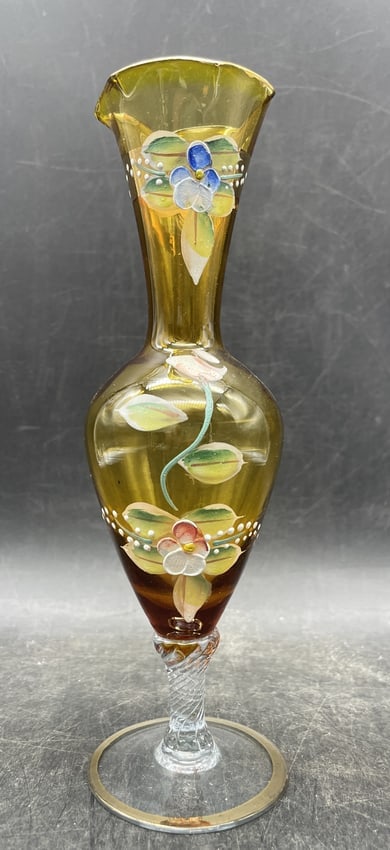 Vintage Czech Bohemian Amber Glass Hand Painted Floral & Gold Bud Vase Beautiful: Date/Period: unknown Dimension: Approx. 8" tall Material: glass Additional Information: Vintage Czech Bohemian Amber Glass Hand Painted Floral & Gold Bud Vase Beautiful. Has a UV reactive glow.