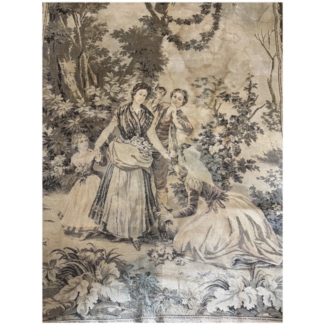 Vintage French Aubusson-style jacquard tapestry F.Goya 48x80": This piece is a vintage French Aubusson-style jacquard tapestry based on the 18th-century cartoon compositions of the renowned Spanish painter Francisco de Goya.Tapestry OverviewArtist Design: It