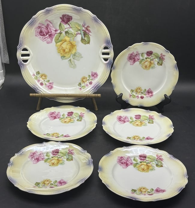 6 pc ANTIQUE GERMAN CAKE PLATE w DISHES (1 of 8)