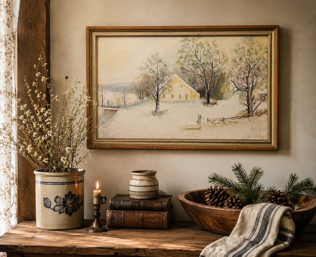 PA FOLK ART Winter Landscape w House PAINTING C. REINHOLD Oil Painting Framed: Date/Period: unknown Dimension: Approx 19.5 x 12.5 Material: oil on board, wood frame Additional Information: PA FOLK ART Winter Landscape w House PAINTING C. REINHOLD Oil Painting Framed Shipping: Do