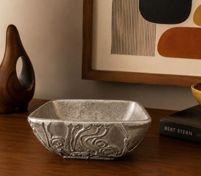 Vintage Signed Brutalist Cast Aluminum Bowl MCM Sculptural Dish: Date/Period: late 1960s-1970s Dimension: Measures approximately 5" x 5" x 2". Material: I believe this is cast aluminum but not certain Additional Information: Striking vintage brutalist cast aluminum