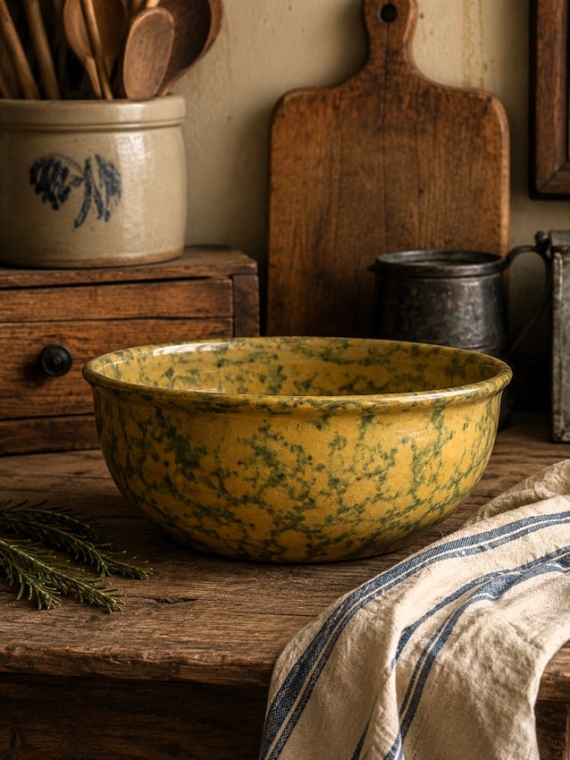 Antique 8" Spongeware Bowl Yellowware (1 of 9)