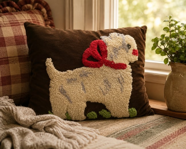 Adorable Retro Pillow: Date/Period: unknown Dimension: Approx. 18" x 12" Material: possibly velour or velvet Additional Information: Cute Retro Puppy Pillow (It could be a lamb) I believe its velour or velvet. Shipping: