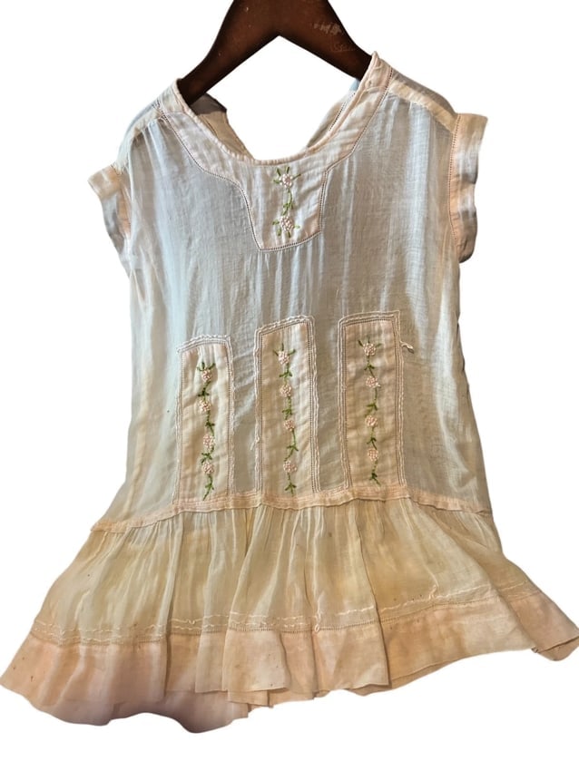 Antique Girls Child Dress Ivory SHEER Cotton Lace Toddler or doll hand made: This hand-made antique girls dress is crafted from sheer cotton lace, making it a delicate and feminine choice for special occasions like a Christening. The ivory color, short sleeves, and classic