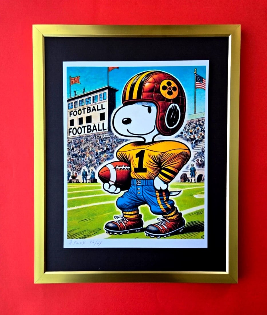 AIDAN FLUX | Hand Signed Print Framed Edition (69) COA SNOOPY OUR QUARTERBACK: This is a Stunning and Scarce 100% Authentic New Print by Aidan Flux AIDAN Flux represents a new wave of artists who embrace technology as a partner in creation, crafting works that resonate with the