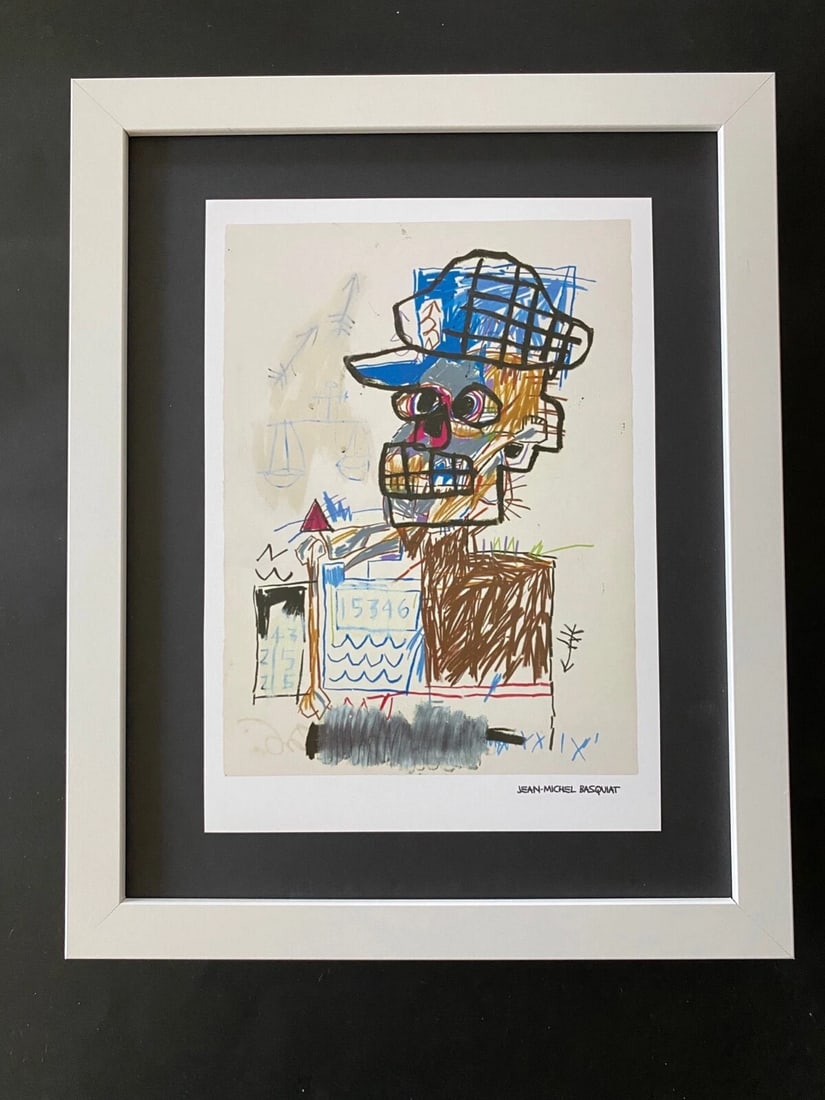 JEAN MICHEL BASQUIAT | SIGNED PRINT | MOUNTED IN NEW FRAME | READY FOR DISPLAY!: JEAN MICHEL BASQUIAT 1980'S VINTAGE PRINT FACSIMILE SIGNED IN INK JEAN MICHEL BASQUIAT HIGH QUALITY PLATE MEASURE IS ABOUT 10X8 IN VERY GOOD CONDITION WITH EXPECTED HANDLING, CREASING AND TONING FOR A