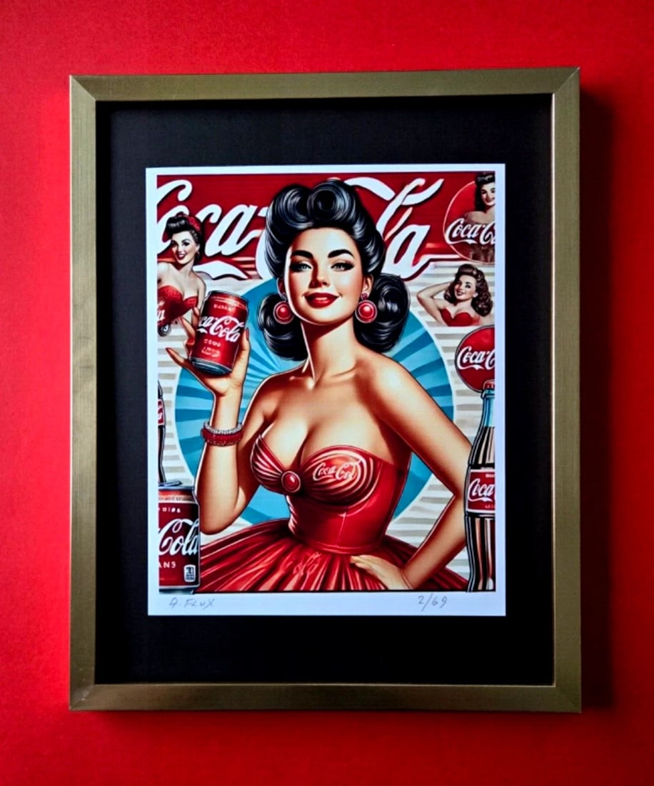 AIDAN FLUX | Hand Signed Original Print Framed LtdEd COA "COCA COLA SMILE ": This is a Stunning and Scarce 100% Authentic New Print by Aidan Flux AIDAN Flux represents a new wave of artists who embrace technology as a partner in creation, crafting works that resonate with the