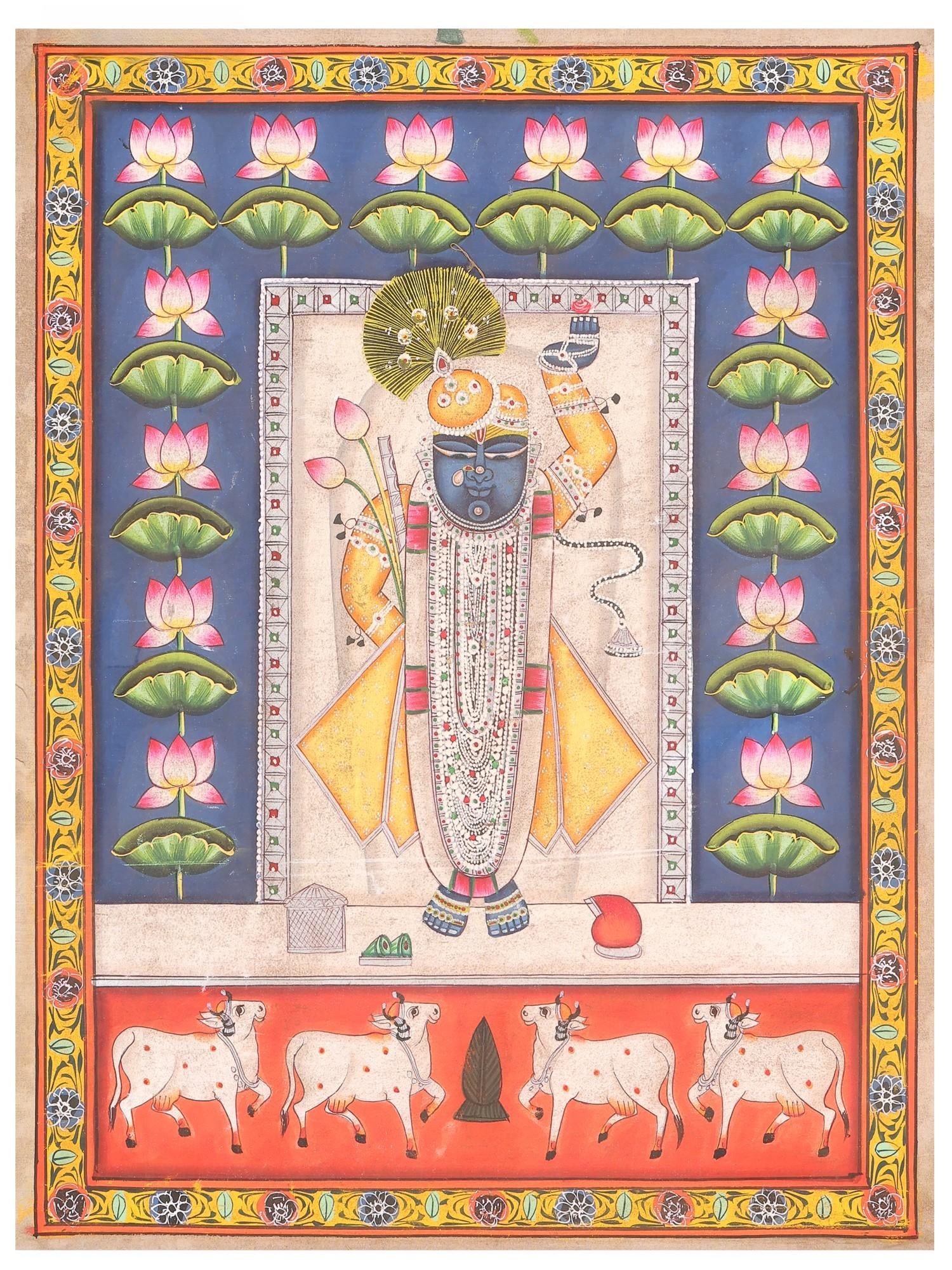 Shrinathji with Cows | Pichwai Painting: Title: Shrinathji with Cows | Pichwai Painting Description: Folk Paintings Reserve: $150.00 Shipping: Domestic: Shipping rates are determined by destination International: Foreign shipping