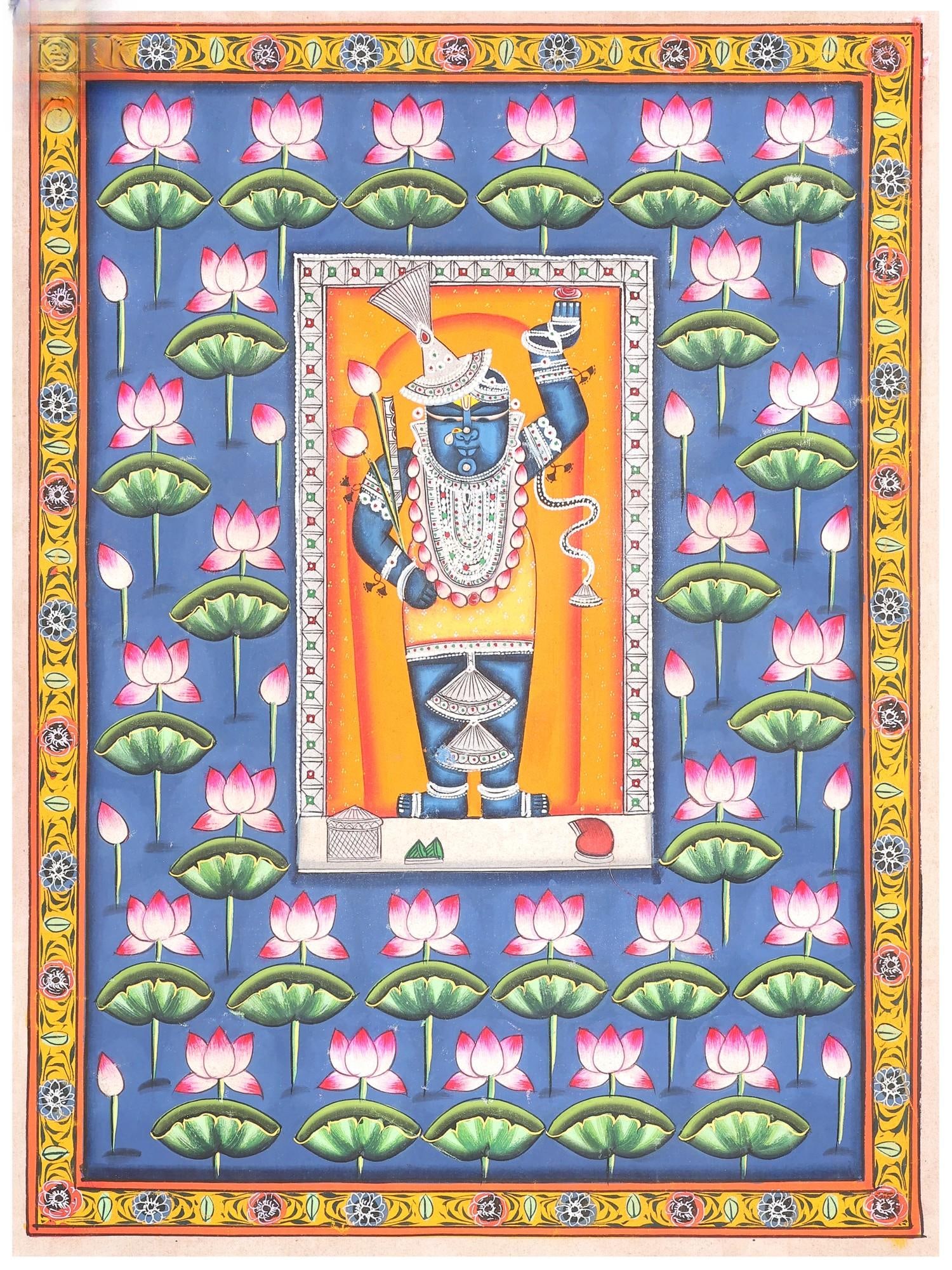 Sacred Shrinathji in Lotus Bloom | Pichwai Painting: Title: Sacred Shrinathji in Lotus Bloom | Pichwai Painting Description: Folk Paintings Reserve: $150.00 Shipping: Domestic: Shipping rates are determined by destination International: