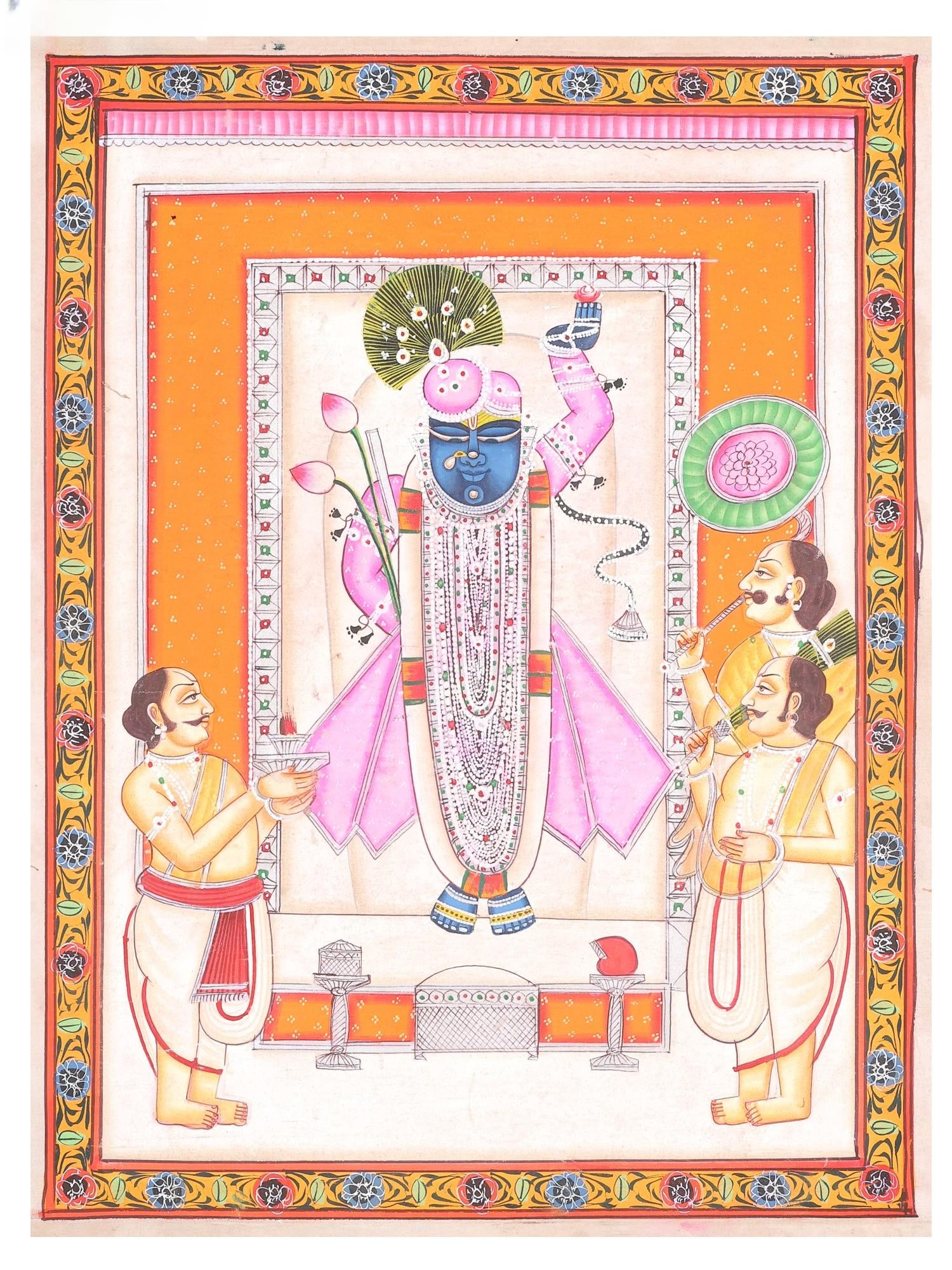 Divine Shrinathji Darshan | Pichwai Painting: Title: Divine Shrinathji Darshan | Pichwai Painting Description: Folk Paintings Reserve: $150.00 Shipping: Domestic: Shipping rates are determined by destination International: Foreign
