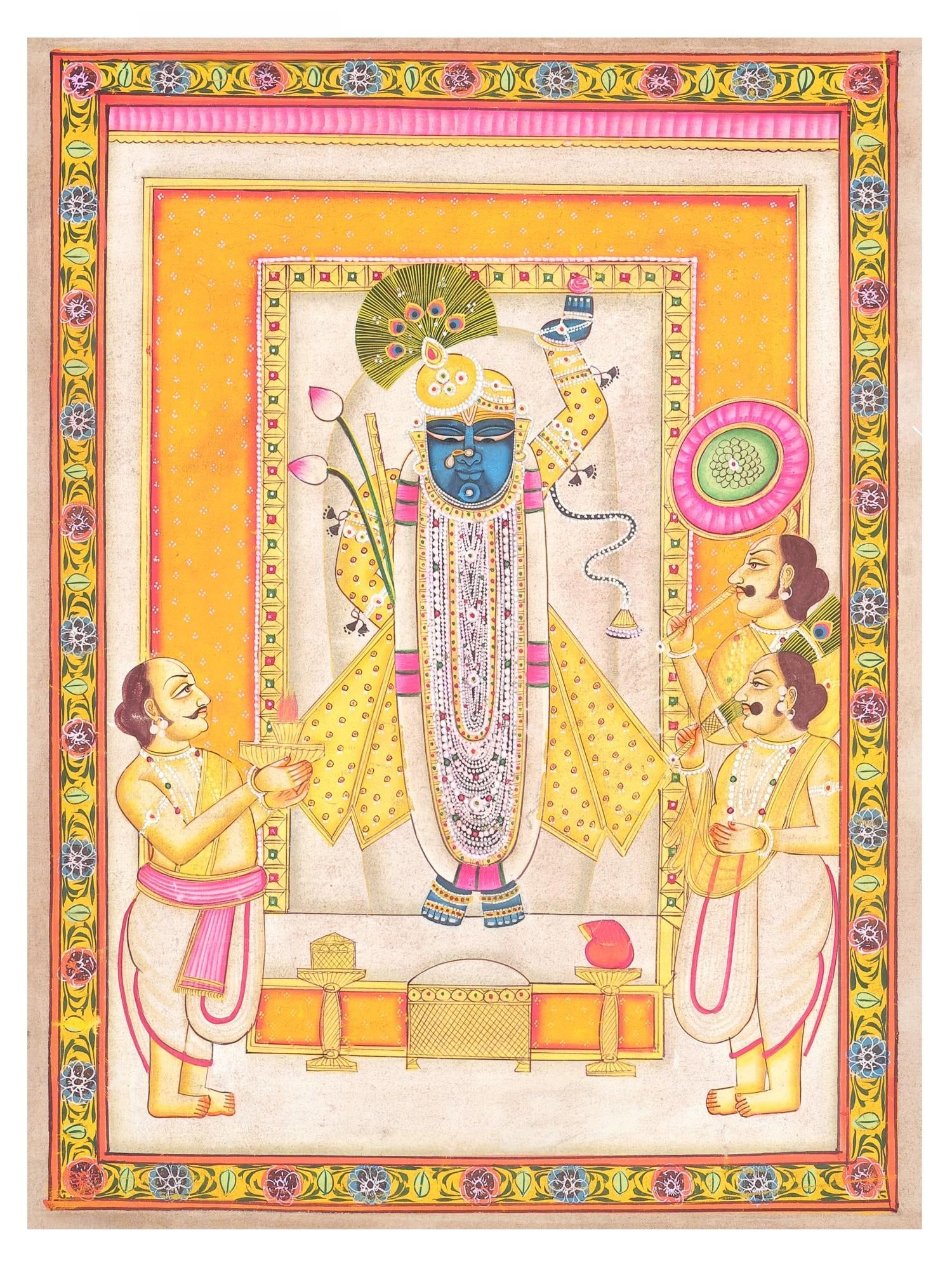 Shrinathji with Sevaks in Devotion | Pichwai Painting: Title: Shrinathji with Sevaks in Devotion | Pichwai Painting Description: Folk Paintings Reserve: $150.00 Shipping: Domestic: Shipping rates are determined by destination International: