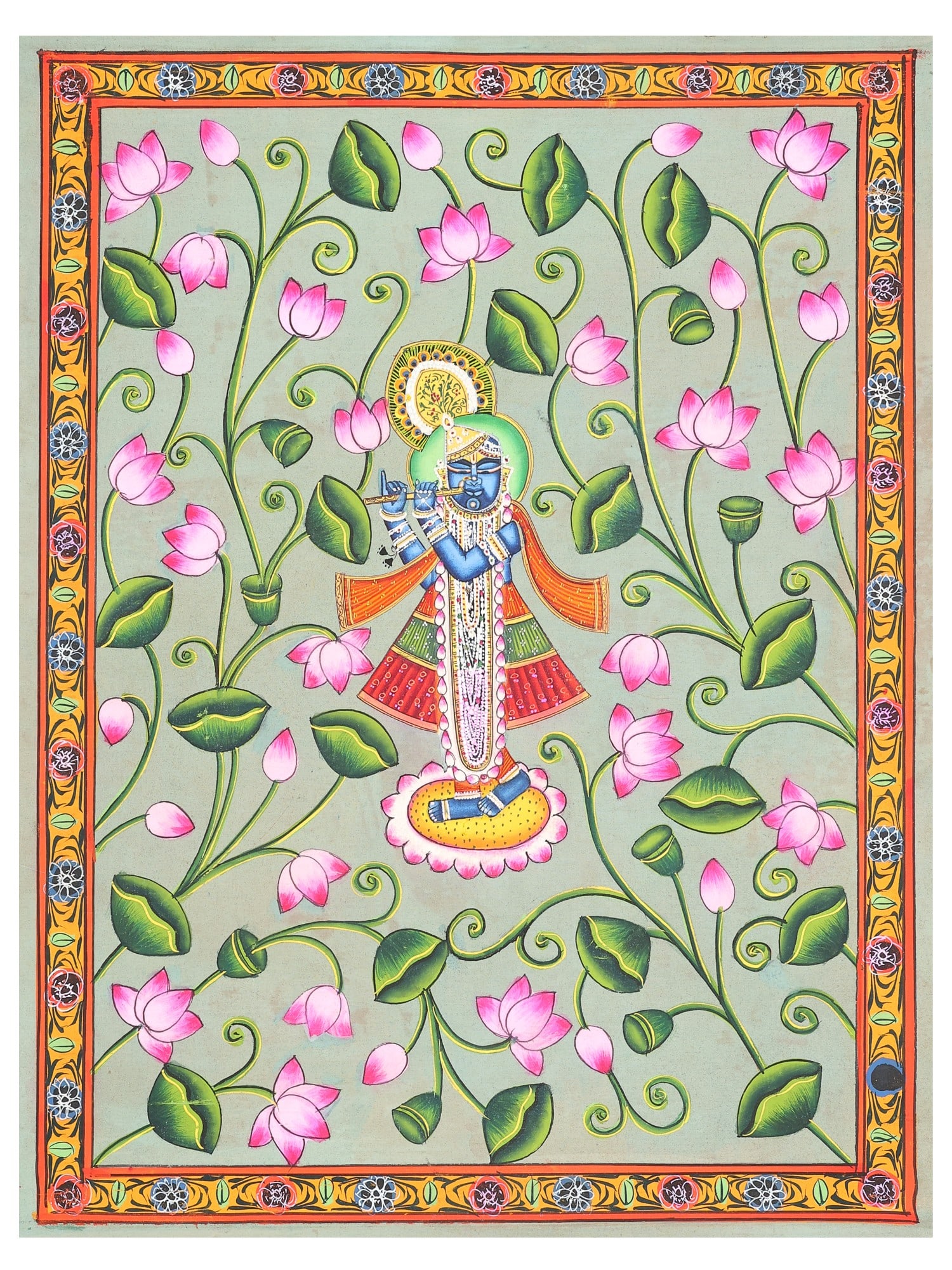 Shrinathji Playing Flute | Pichwai Painting: Title: Shrinathji Playing Flute | Pichwai Painting Description: Folk Paintings Reserve: $150.00 Shipping: Domestic: Shipping rates are determined by destination International: Foreign